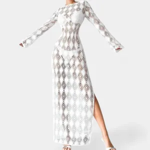 H&amp;M White Crochet Sheer Long Sleeve Side Slit Maxi Bodycon Beach Dress Size XS/S