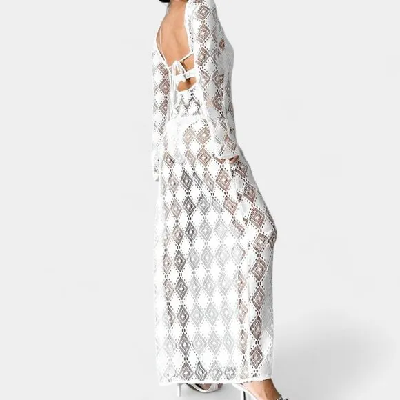 H&amp;M White Crochet Sheer Long Sleeve Side Slit Maxi Bodycon Beach Dress Size XS/S
