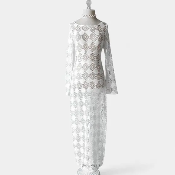 H&amp;M White Crochet Sheer Long Sleeve Side Slit Maxi Bodycon Beach Dress Size XS/S