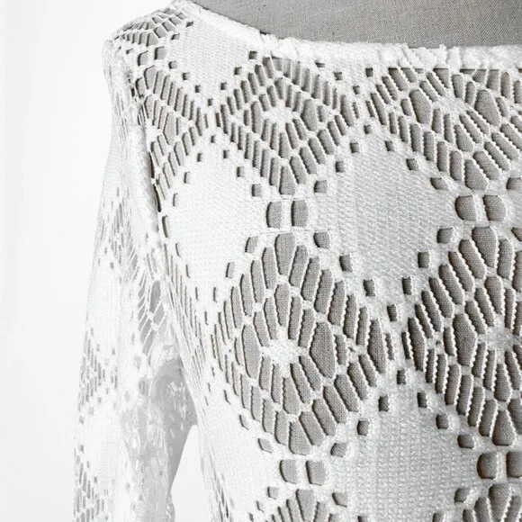 H&amp;M White Crochet Sheer Long Sleeve Side Slit Maxi Bodycon Beach Dress Size XS/S