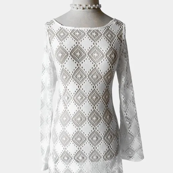 H&amp;M White Crochet Sheer Long Sleeve Side Slit Maxi Bodycon Beach Dress Size XS/S