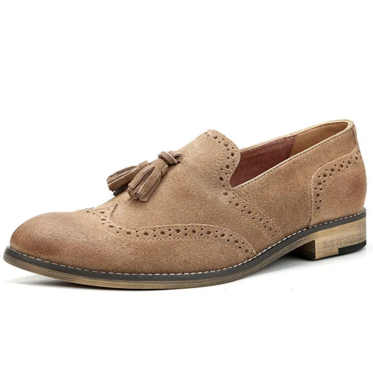 Handmade Cow Leather Suede Brogue Slip-On Shoes