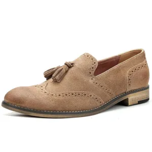 Handmade Cow Leather Suede Brogue Slip-On Shoes