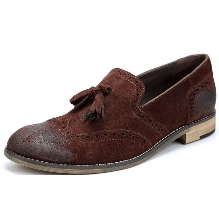 Handmade Cow Leather Suede Brogue Slip-On Shoes