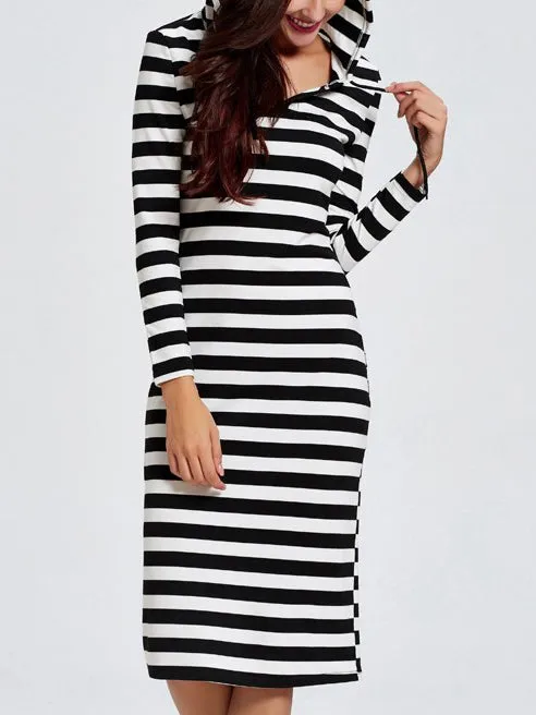 Hooded Long-sleeved Slim Striped Midi Dress