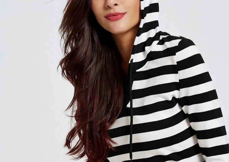 Hooded Long-sleeved Slim Striped Midi Dress