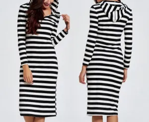 Hooded Long-sleeved Slim Striped Midi Dress