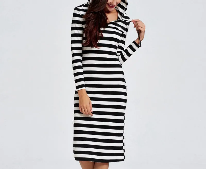 Hooded Long-sleeved Slim Striped Midi Dress