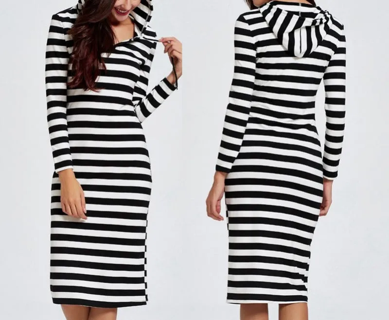 Hooded Long-sleeved Slim Striped Midi Dress
