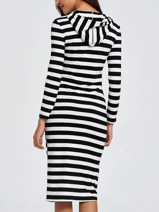 Hooded Long-sleeved Slim Striped Midi Dress