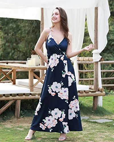 II ININ Women's Deep V-Neck Casual Dress Summer Backless Floral Print Split Maxi Dress for Beach Party(Floral01,XL)