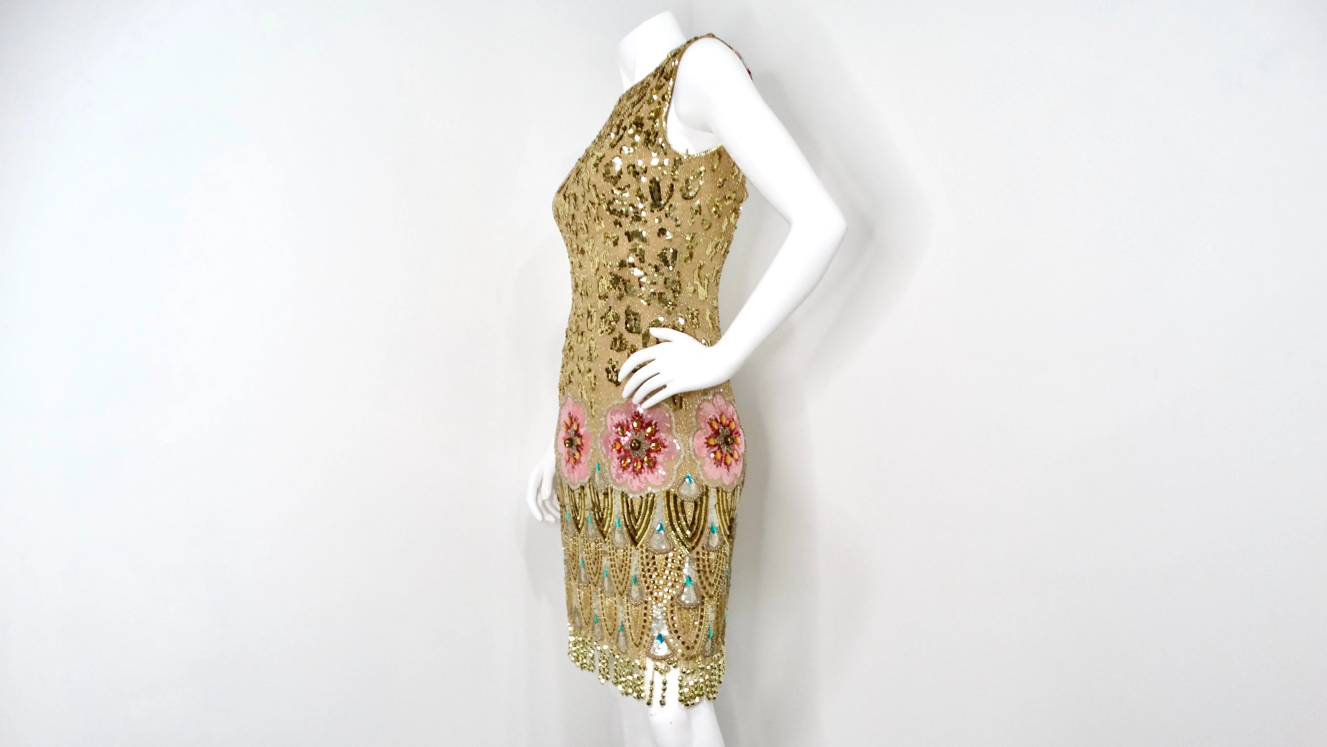 Jenny Packham Golden Leopard & Floral Print Beaded Sequins Sleeveless Dress