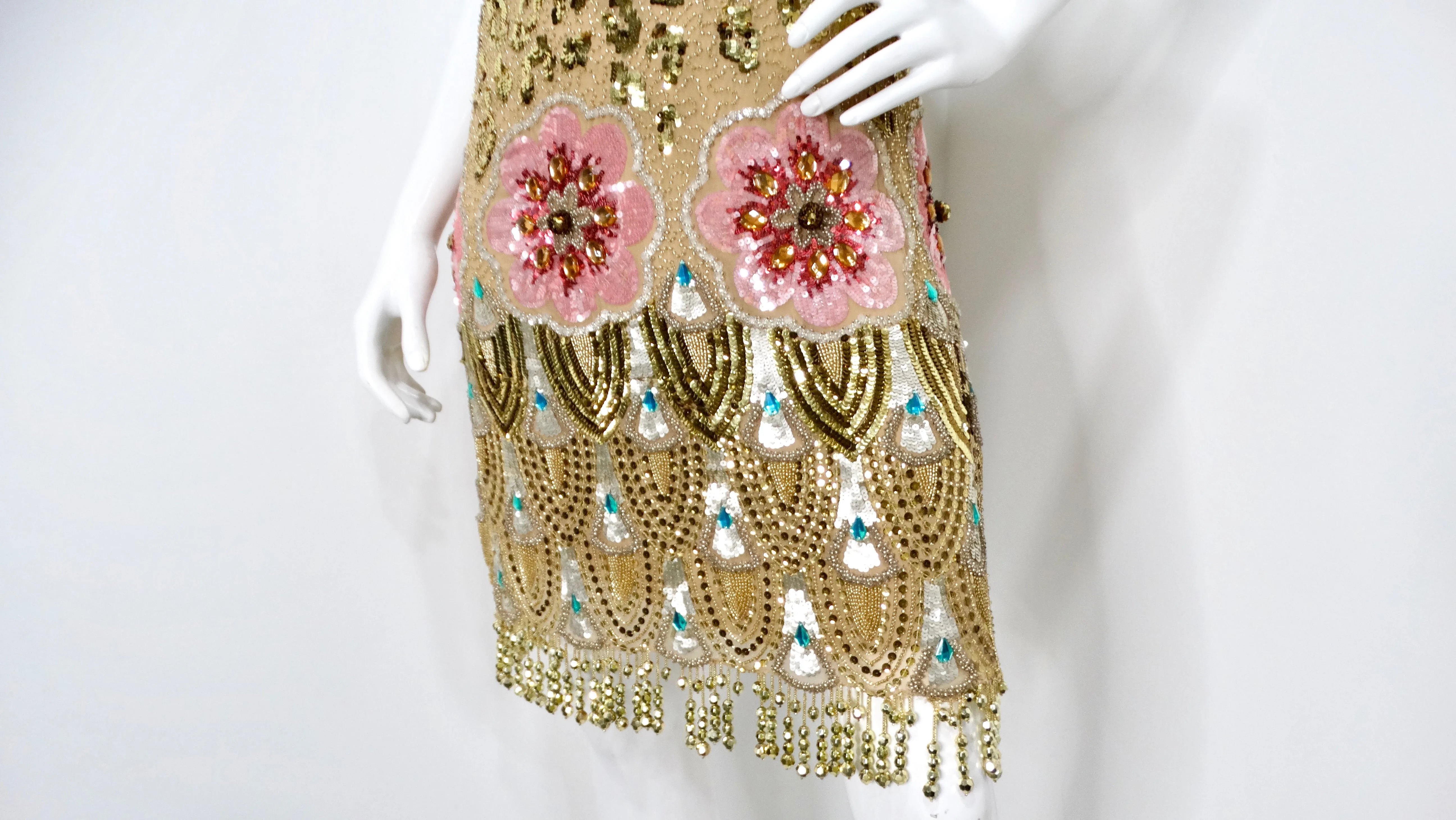 Jenny Packham Golden Leopard & Floral Print Beaded Sequins Sleeveless Dress