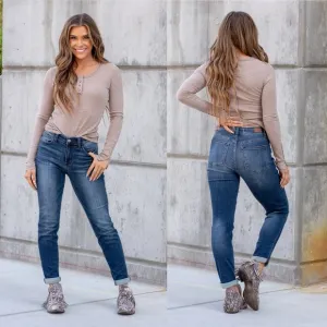 Judy Blue Womens Dark Wash Miles City High Rise Cuffed Slim Fit Jean Size 32