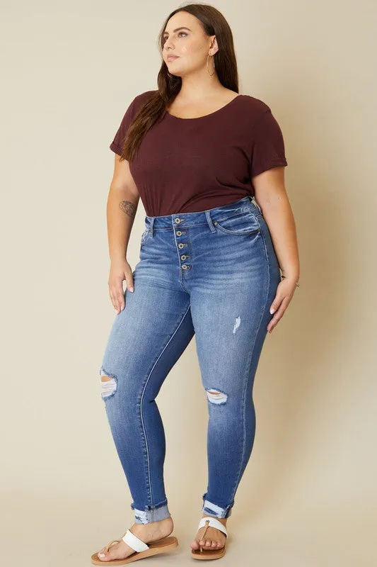 Kan Can Plus High Rise Button Fly Ankle Skinny Jeans