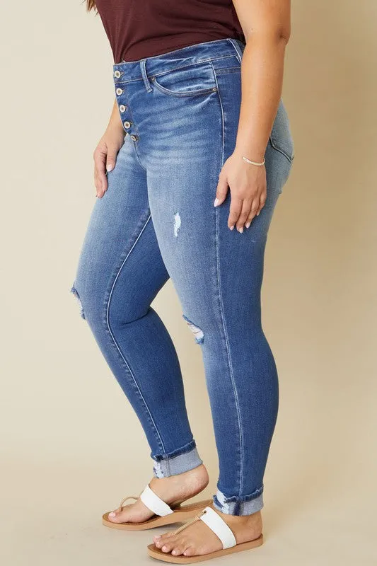 Kan Can Plus High Rise Button Fly Ankle Skinny Jeans