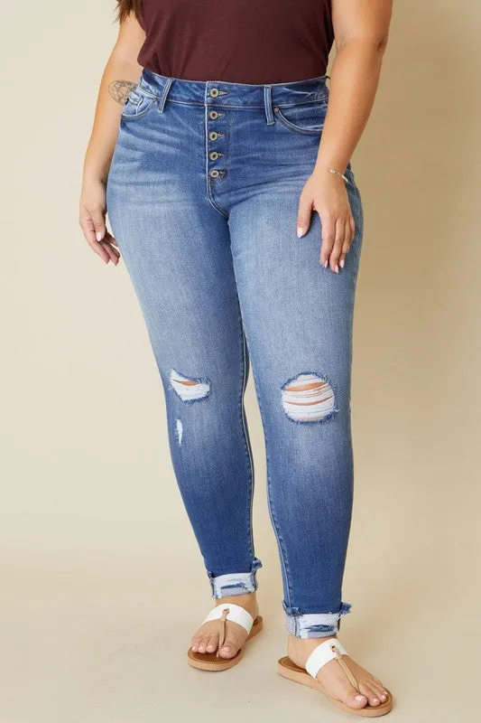 Kan Can Plus High Rise Button Fly Ankle Skinny Jeans