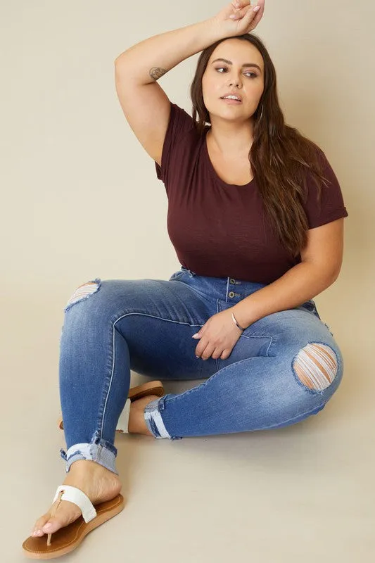 Kan Can Plus High Rise Button Fly Ankle Skinny Jeans