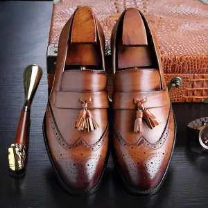 Men's Luxury Brown Brogue Tassel Leather Loafers - Slip-On Dress Shoes