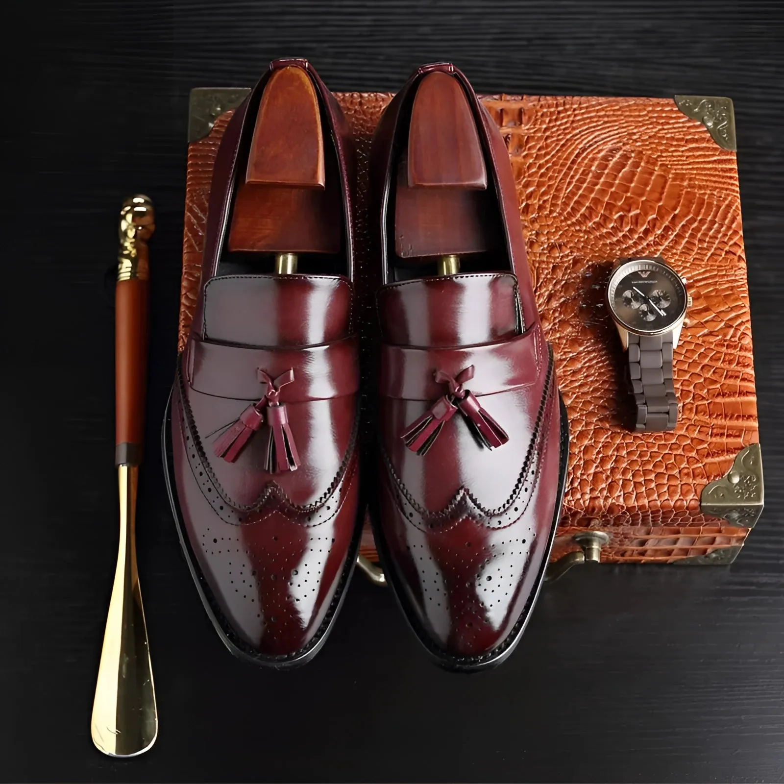 Men's Luxury Brown Brogue Tassel Leather Loafers - Slip-On Dress Shoes