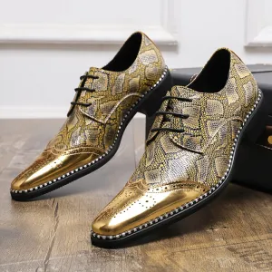 Men's Stylish Golden Brogue Loafers with Diamond Pattern - Pointed Toe Dress Shoes for Business & Casual Wear, Low-Top Lace-Up Design, All-Season Comfort, Allseason Shoes | Stylish Brogue Loafers | Polished Finish Shoes