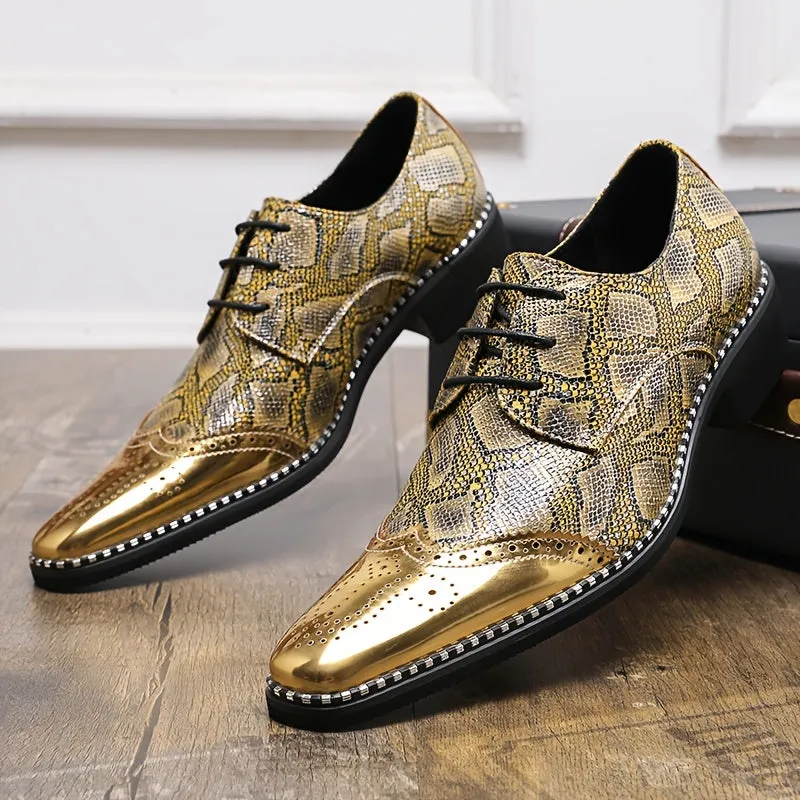 Men's Stylish Golden Brogue Loafers with Diamond Pattern - Pointed Toe Dress Shoes for Business & Casual Wear, Low-Top Lace-Up Design, All-Season Comfort, Allseason Shoes | Stylish Brogue Loafers | Polished Finish Shoes
