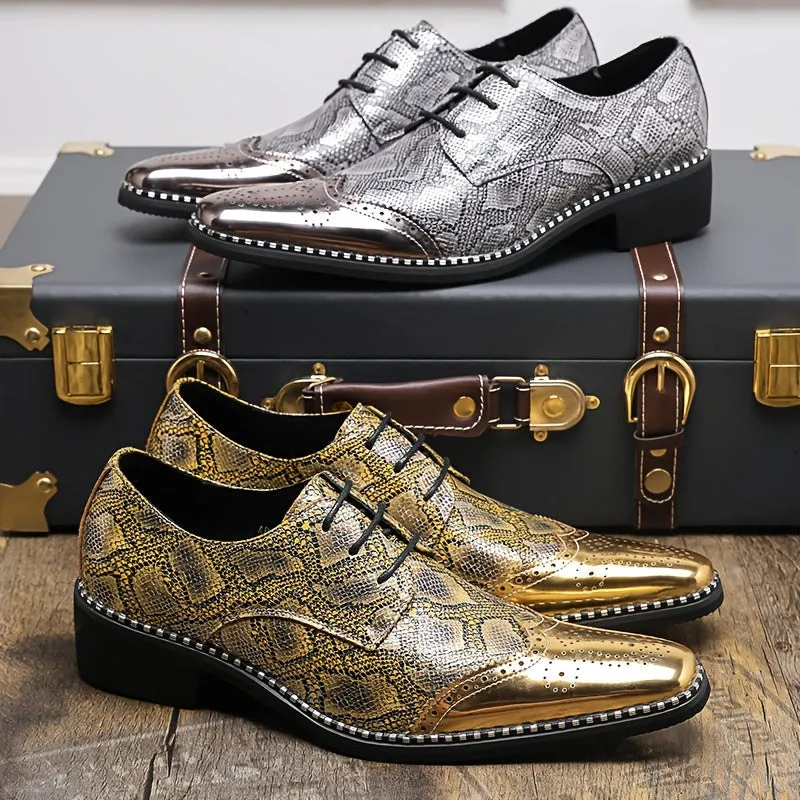 Men's Stylish Golden Brogue Loafers with Diamond Pattern - Pointed Toe Dress Shoes for Business & Casual Wear, Low-Top Lace-Up Design, All-Season Comfort, Allseason Shoes | Stylish Brogue Loafers | Polished Finish Shoes