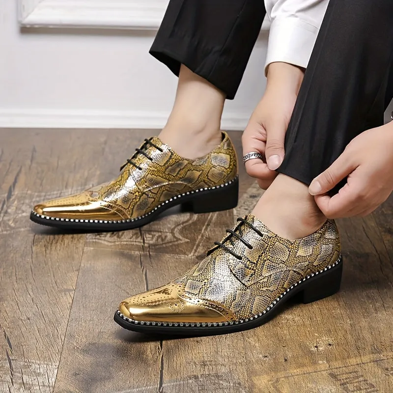 Men's Stylish Golden Brogue Loafers with Diamond Pattern - Pointed Toe Dress Shoes for Business & Casual Wear, Low-Top Lace-Up Design, All-Season Comfort, Allseason Shoes | Stylish Brogue Loafers | Polished Finish Shoes