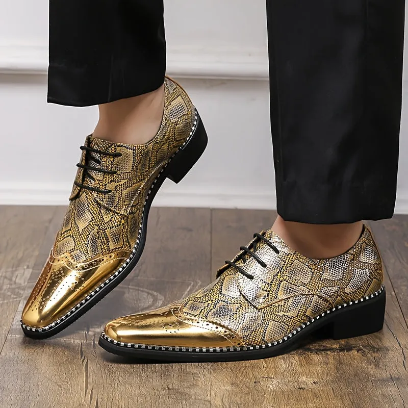 Men's Stylish Golden Brogue Loafers with Diamond Pattern - Pointed Toe Dress Shoes for Business & Casual Wear, Low-Top Lace-Up Design, All-Season Comfort, Allseason Shoes | Stylish Brogue Loafers | Polished Finish Shoes