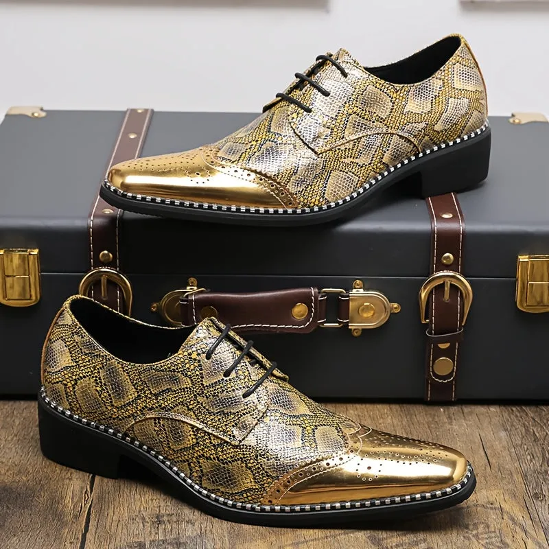 Men's Stylish Golden Brogue Loafers with Diamond Pattern - Pointed Toe Dress Shoes for Business & Casual Wear, Low-Top Lace-Up Design, All-Season Comfort, Allseason Shoes | Stylish Brogue Loafers | Polished Finish Shoes