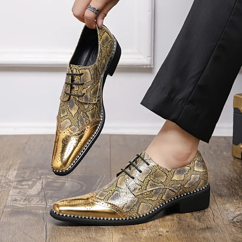Men's Stylish Golden Brogue Loafers with Diamond Pattern - Pointed Toe Dress Shoes for Business & Casual Wear, Low-Top Lace-Up Design, All-Season Comfort, Allseason Shoes | Stylish Brogue Loafers | Polished Finish Shoes