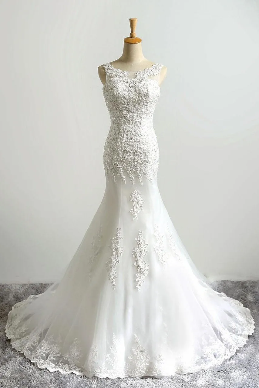Mermaid Charming Scoop Neck Wedding Dress Lace Wedding Dresses Bohemian Bridal Gown OHD198