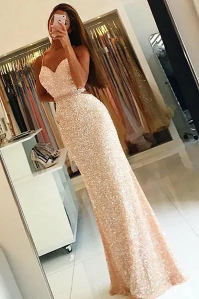 Mermaid Square Criss-Cross Straps Champagne Sequined Prom Dress with Beading Q100