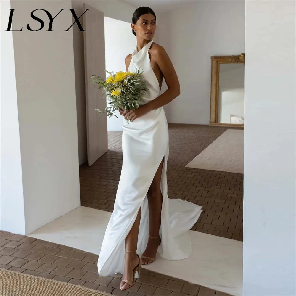 Mermaid Wedding Dress Satin Open Back High Side Slit Floor Length Bridal Gown
