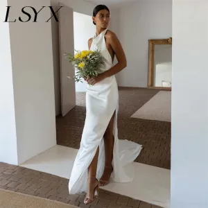 Mermaid Wedding Dress Satin Open Back High Side Slit Floor Length Bridal Gown