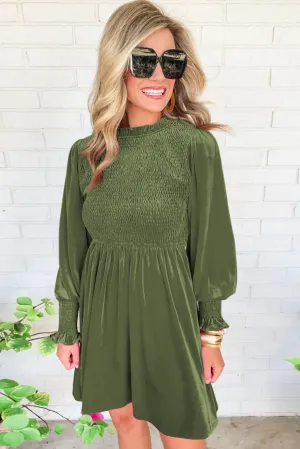 Moss Frilled Neck Smocked Bodice Velvet Dress