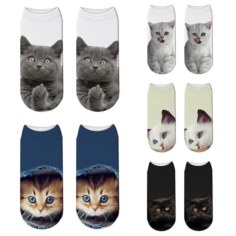 New 3D Print Funny Cute Cartoon Kitten Unisex Short Socks Creative Colorful Multiple Cat Face Happy Low Ankle Socks For Women