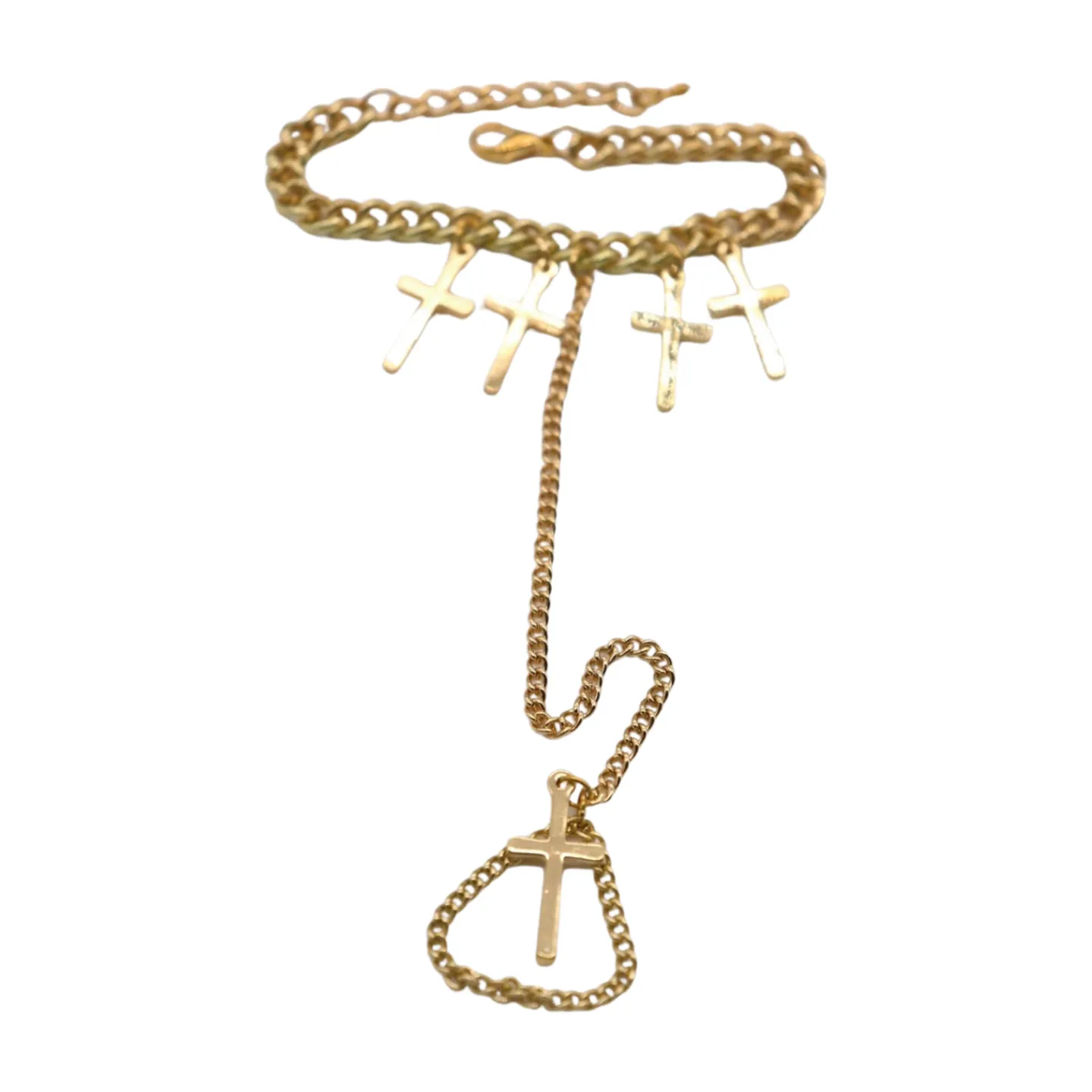 New Women Fashion Jewelry Gold Metal Hand Chain Bracelet Cross Charm Ring Connected