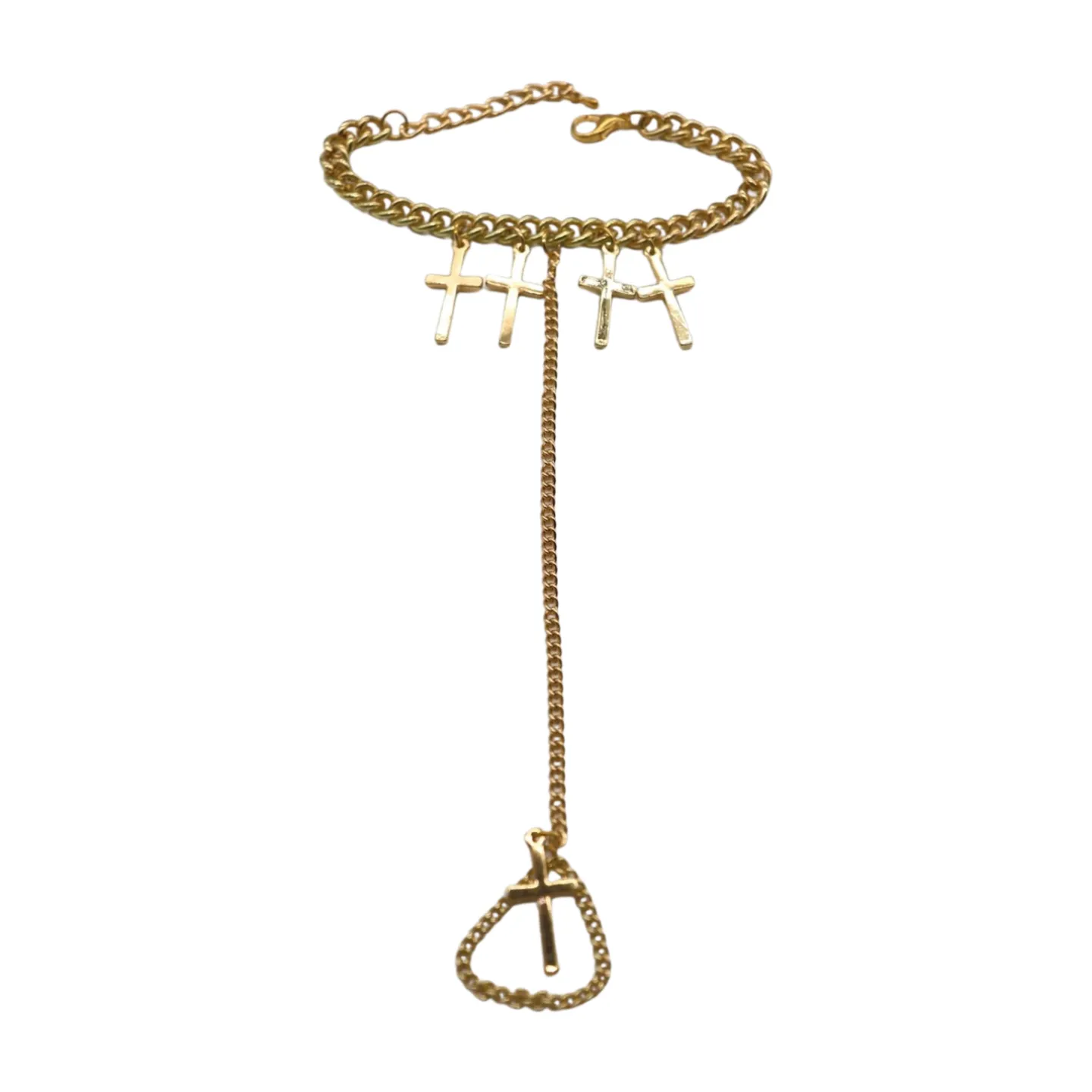 New Women Fashion Jewelry Gold Metal Hand Chain Bracelet Cross Charm Ring Connected