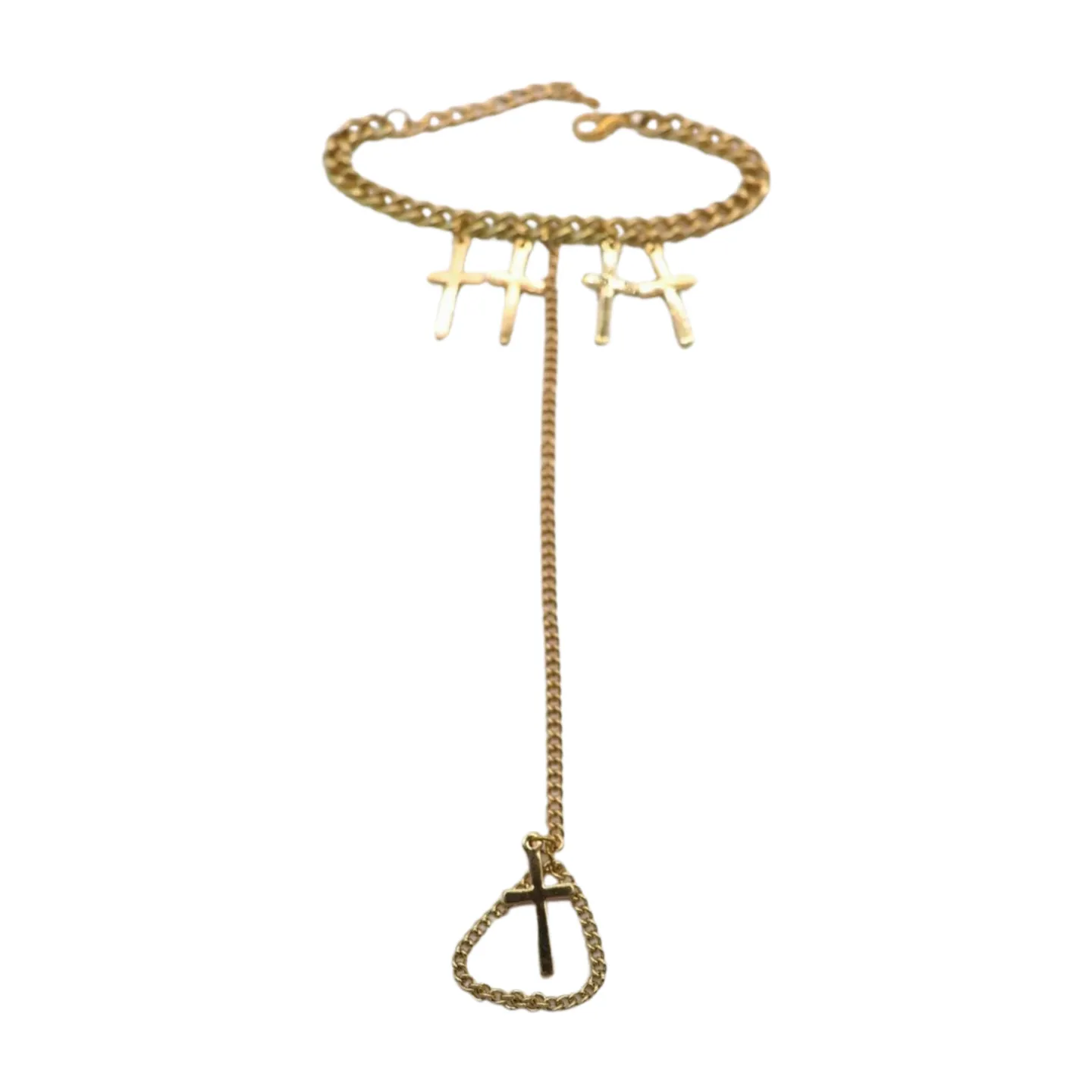New Women Fashion Jewelry Gold Metal Hand Chain Bracelet Cross Charm Ring Connected