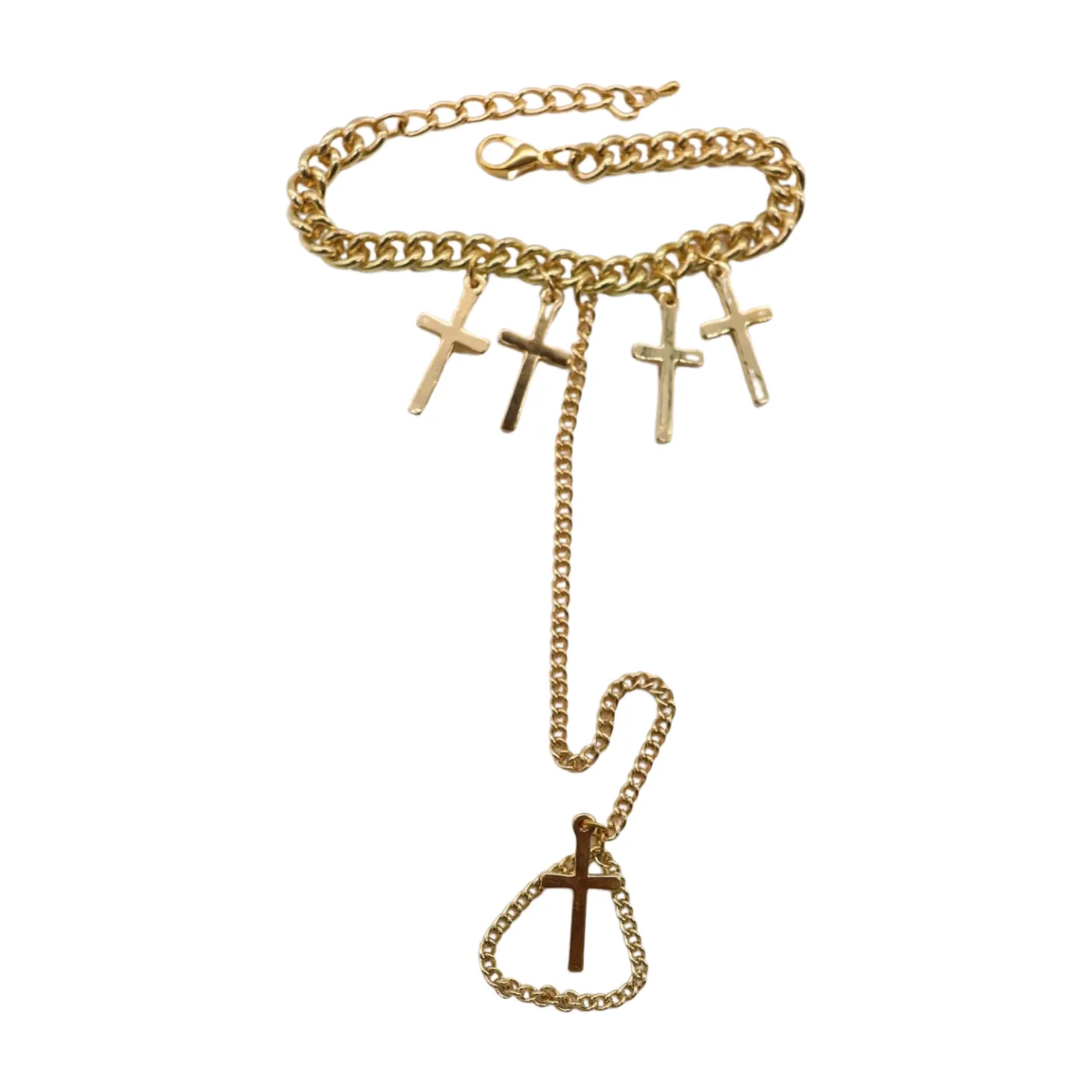 New Women Fashion Jewelry Gold Metal Hand Chain Bracelet Cross Charm Ring Connected