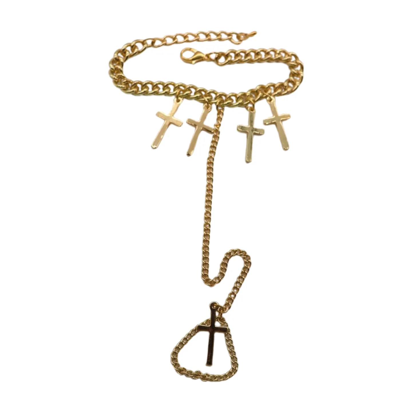 New Women Fashion Jewelry Gold Metal Hand Chain Bracelet Cross Charm Ring Connected