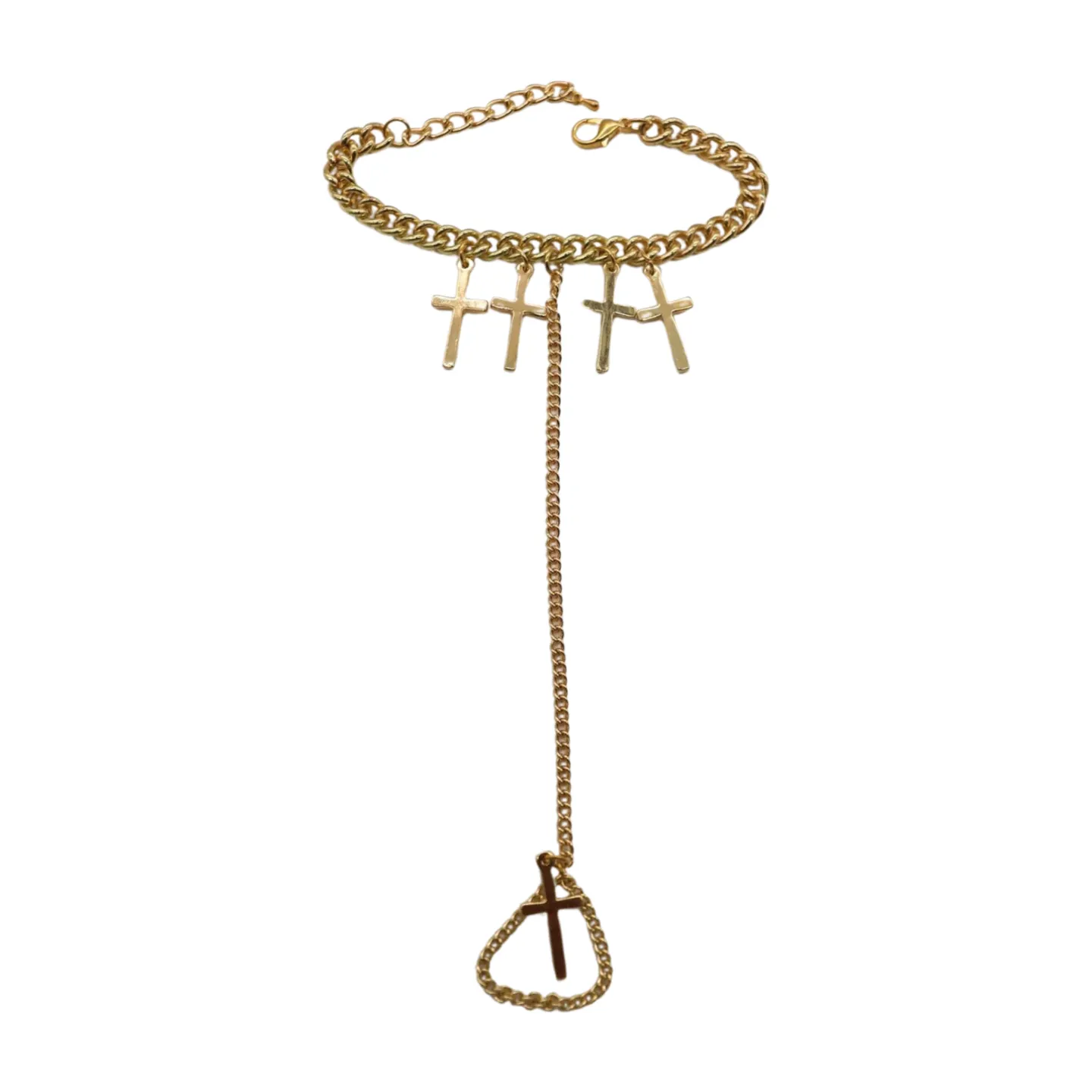 New Women Fashion Jewelry Gold Metal Hand Chain Bracelet Cross Charm Ring Connected