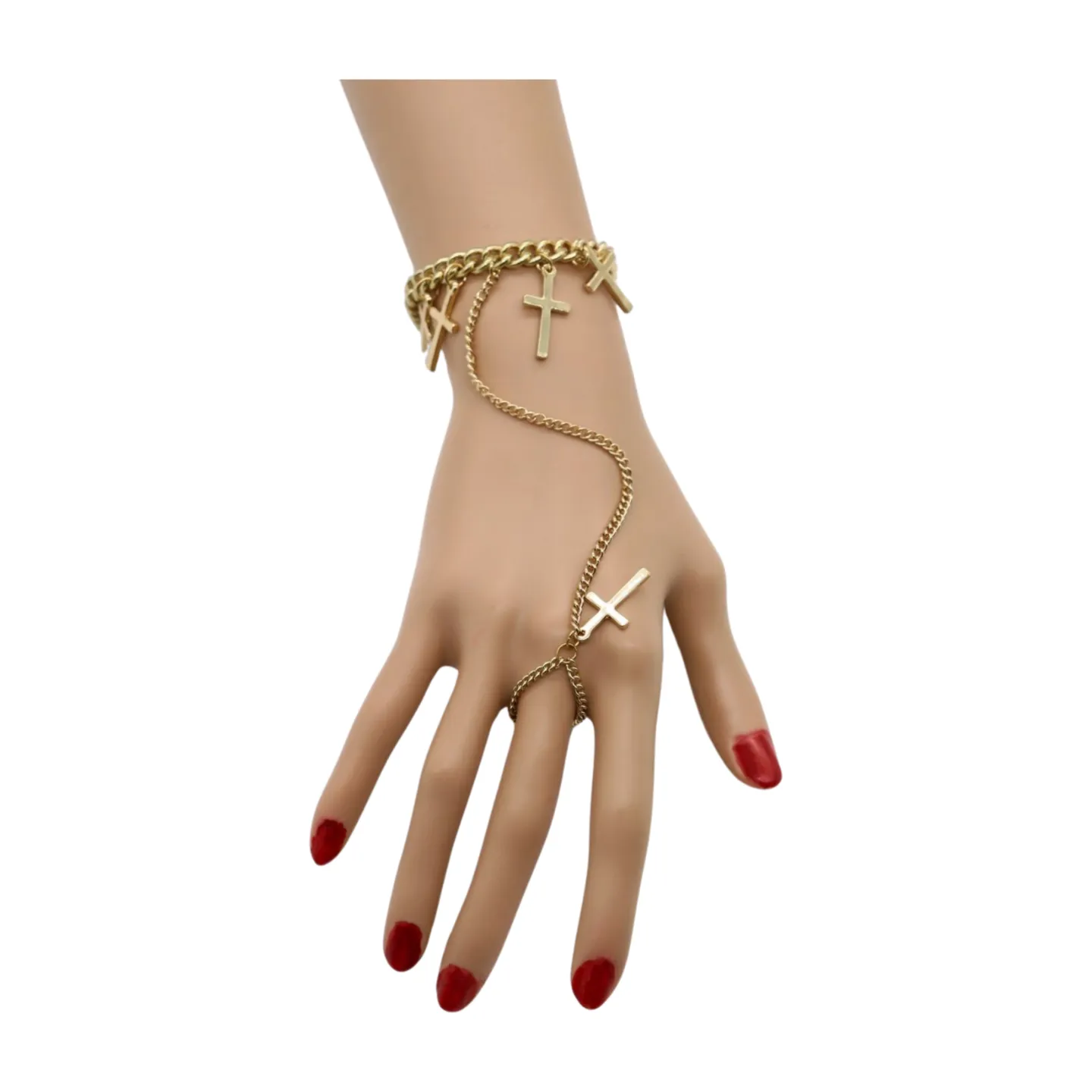 New Women Fashion Jewelry Gold Metal Hand Chain Bracelet Cross Charm Ring Connected