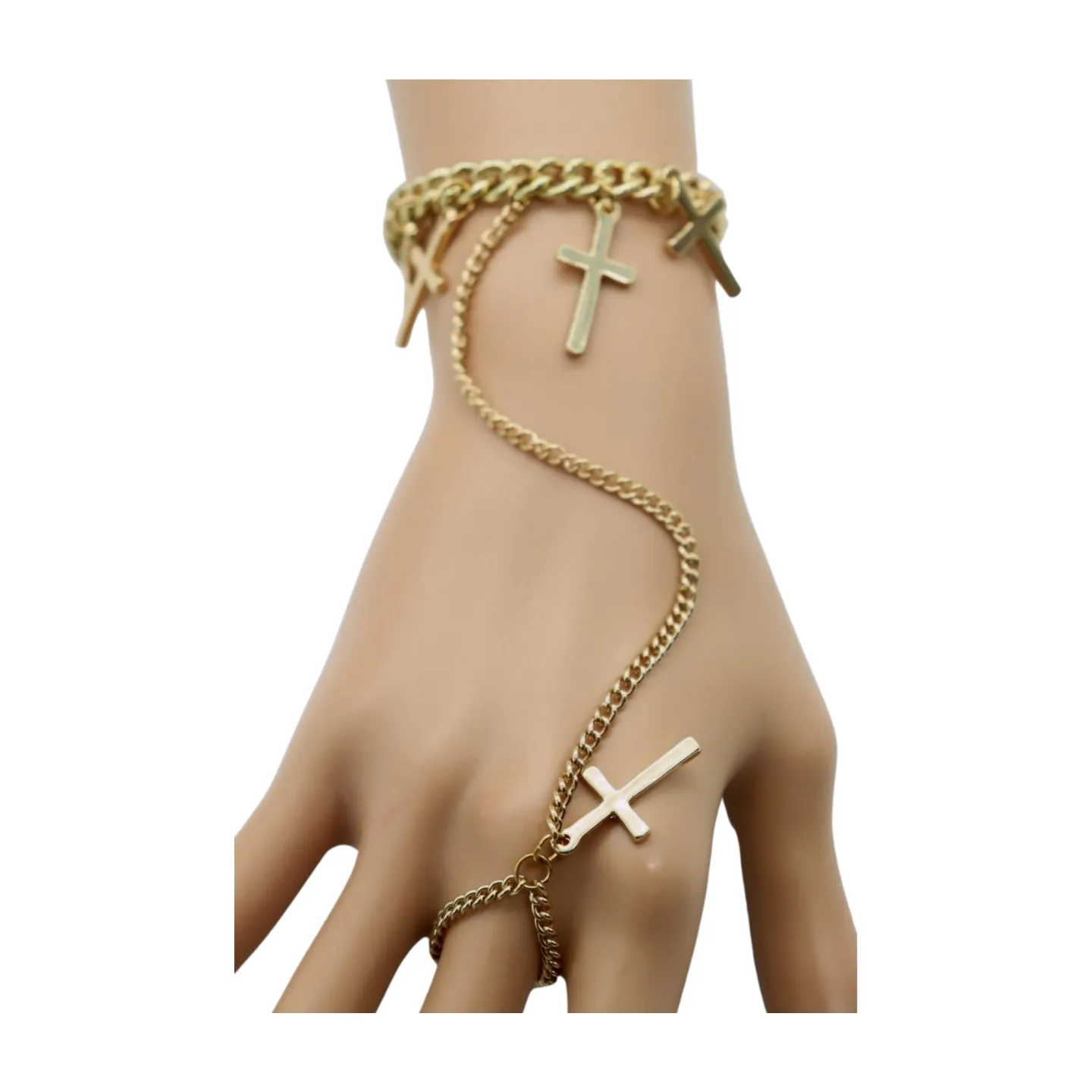New Women Fashion Jewelry Gold Metal Hand Chain Bracelet Cross Charm Ring Connected