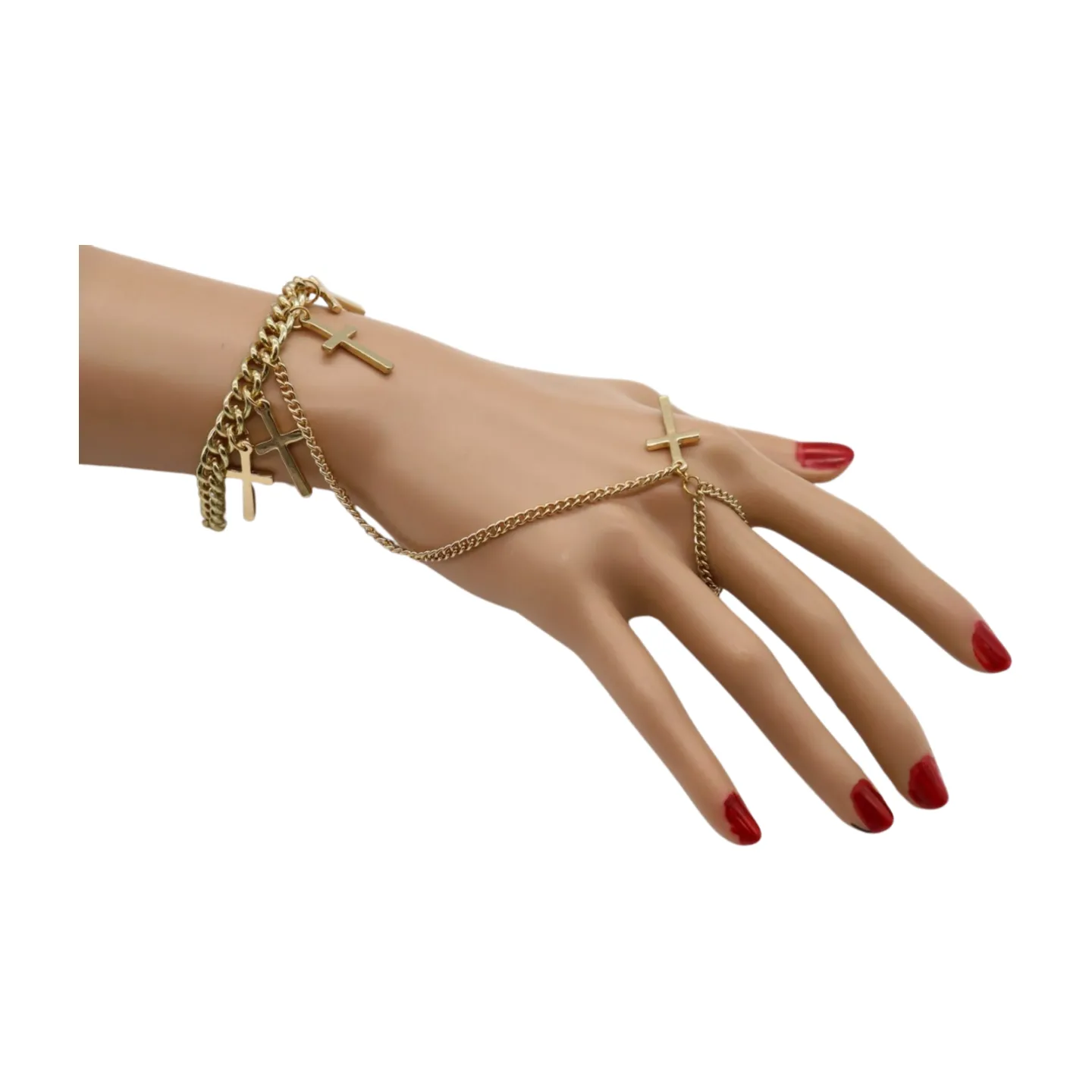 New Women Fashion Jewelry Gold Metal Hand Chain Bracelet Cross Charm Ring Connected