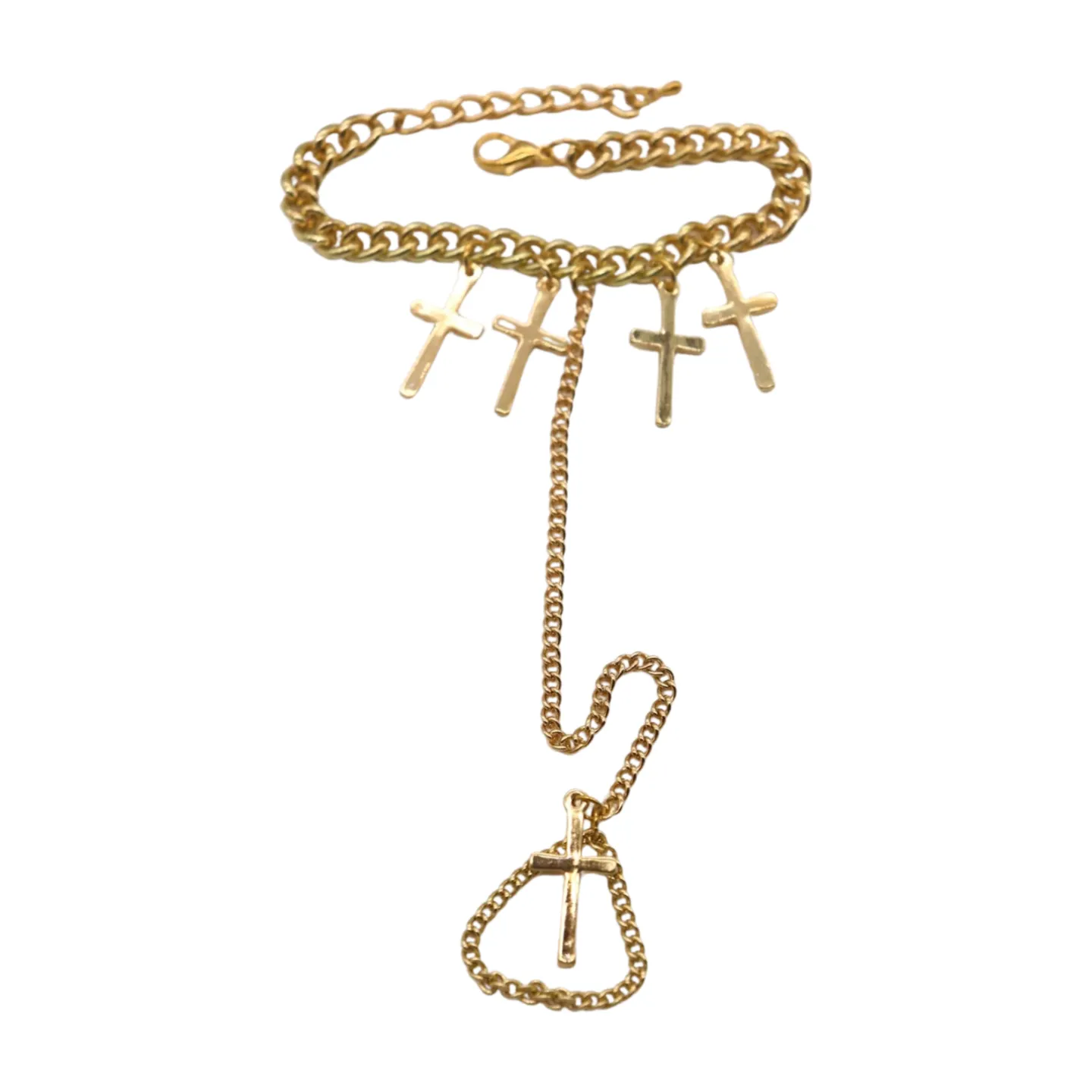 New Women Fashion Jewelry Gold Metal Hand Chain Bracelet Cross Charm Ring Connected