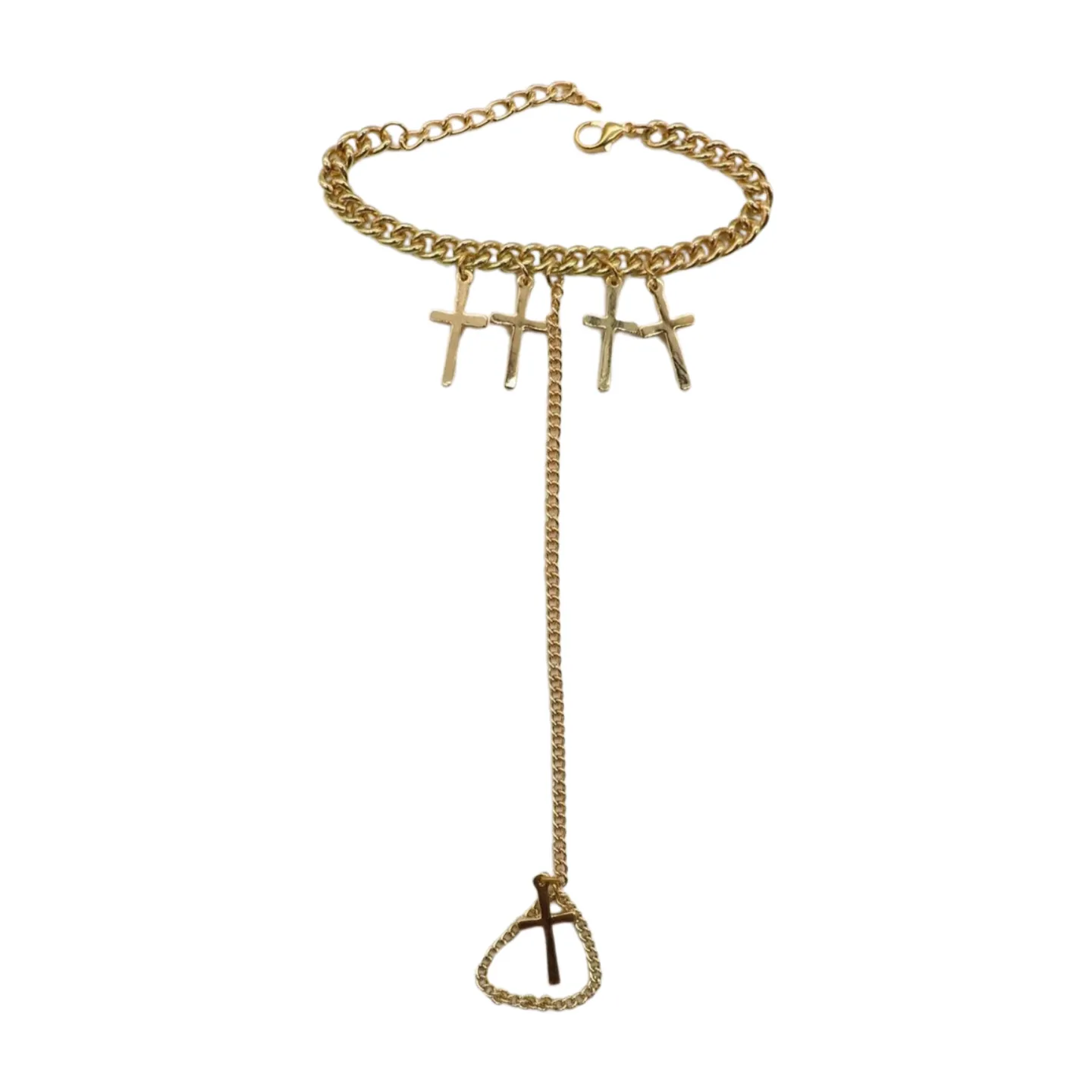 New Women Fashion Jewelry Gold Metal Hand Chain Bracelet Cross Charm Ring Connected