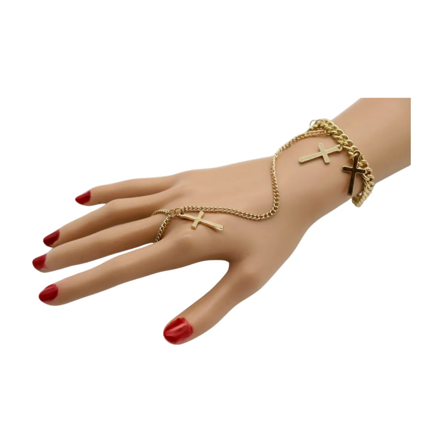 New Women Fashion Jewelry Gold Metal Hand Chain Bracelet Cross Charm Ring Connected