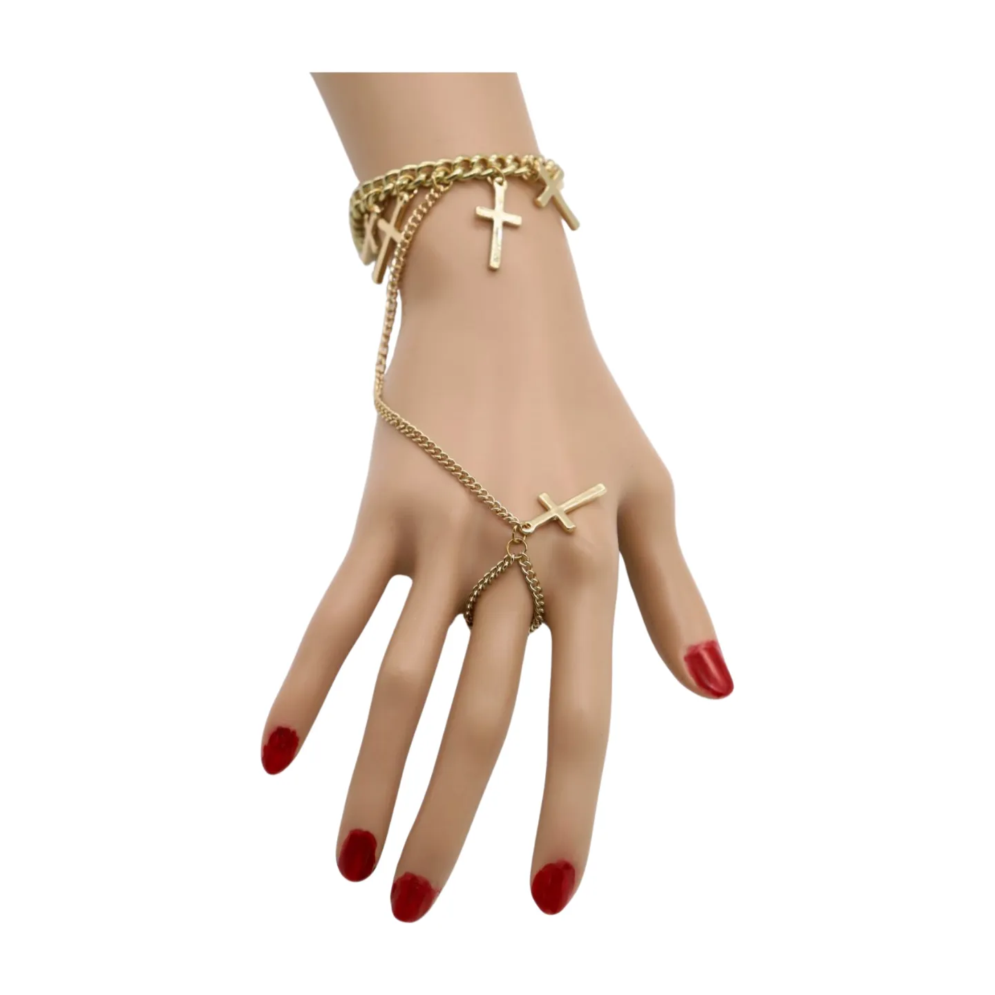 New Women Fashion Jewelry Gold Metal Hand Chain Bracelet Cross Charm Ring Connected